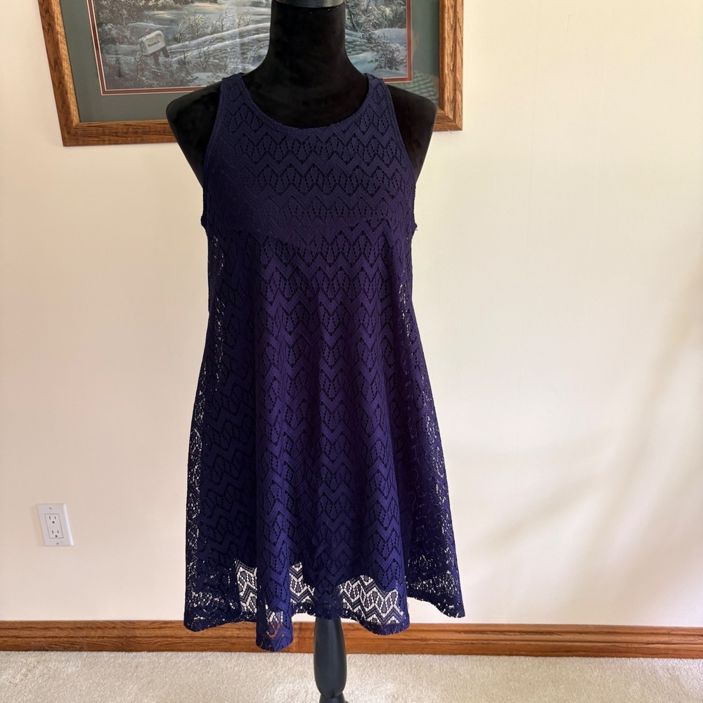 Say Anything Lace A-Line Dress Womens Medium Navy Blue Sleeveless Mini Cocktail‎